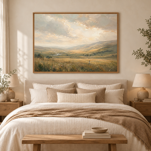 Golden Valley Meadow Landscape Art Print in a styled room