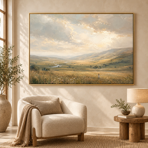 Golden Valley Meadow Landscape Art Print in a styled room