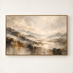Hazy Mountain Valley Landscape Art Print in a floating frame