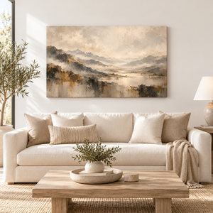 Hazy Mountain Valley Landscape Art Print styled in a living space