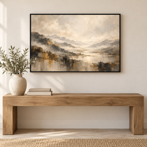 Hazy Mountain Valley Landscape Art Print styled in a living space