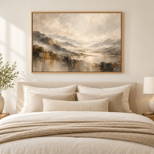 Hazy Mountain Valley Landscape Art Print styled in a living space