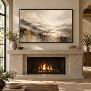 Hazy Mountain Valley Landscape Art Print styled in a living space