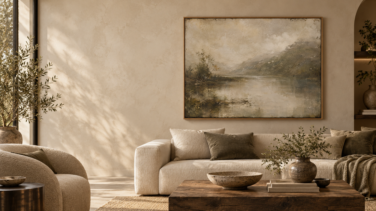 Misty lake landscape canvas above a cream sofa in a sunlit living room