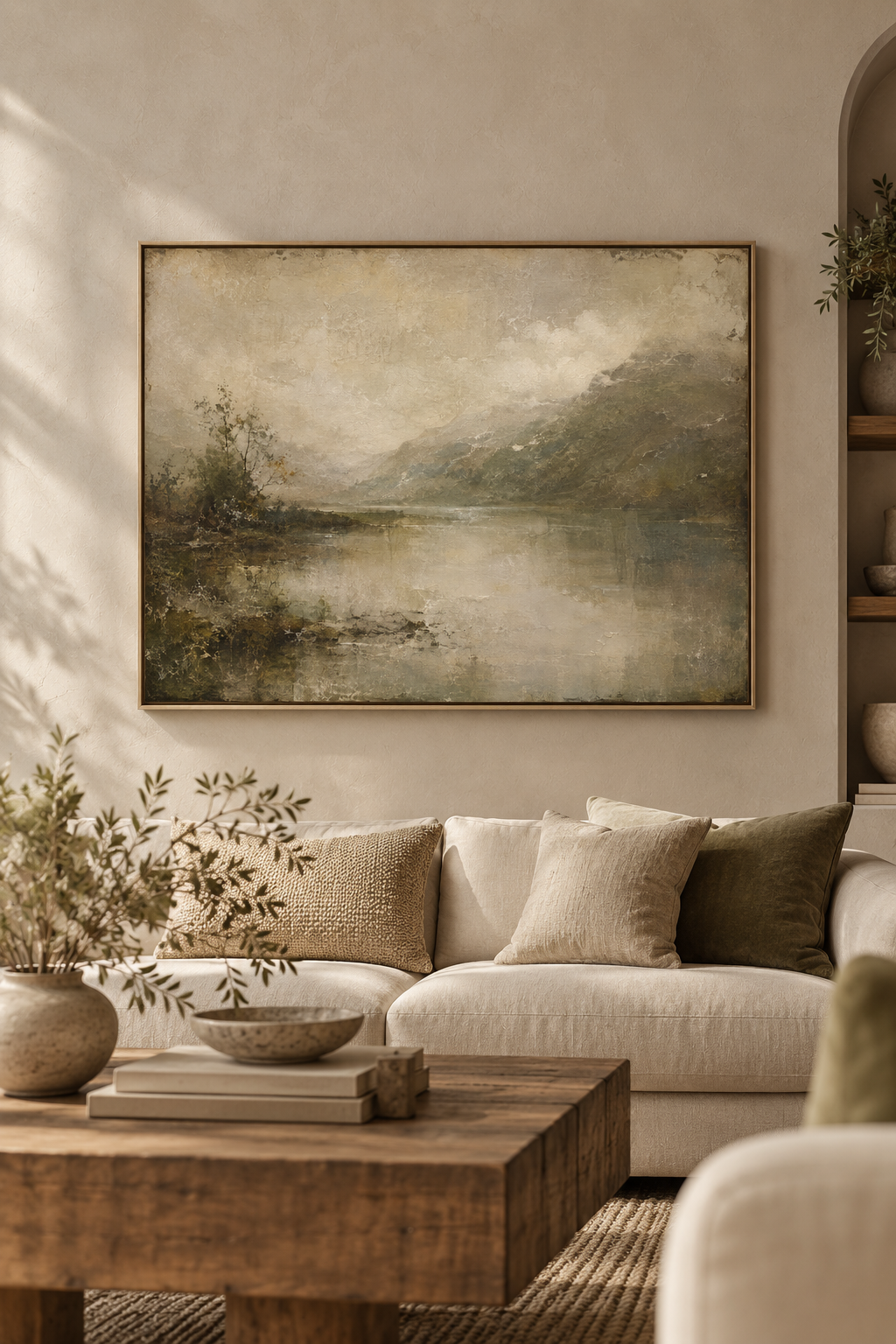 Misty mountain lake landscape canvas in a warm neutral living room