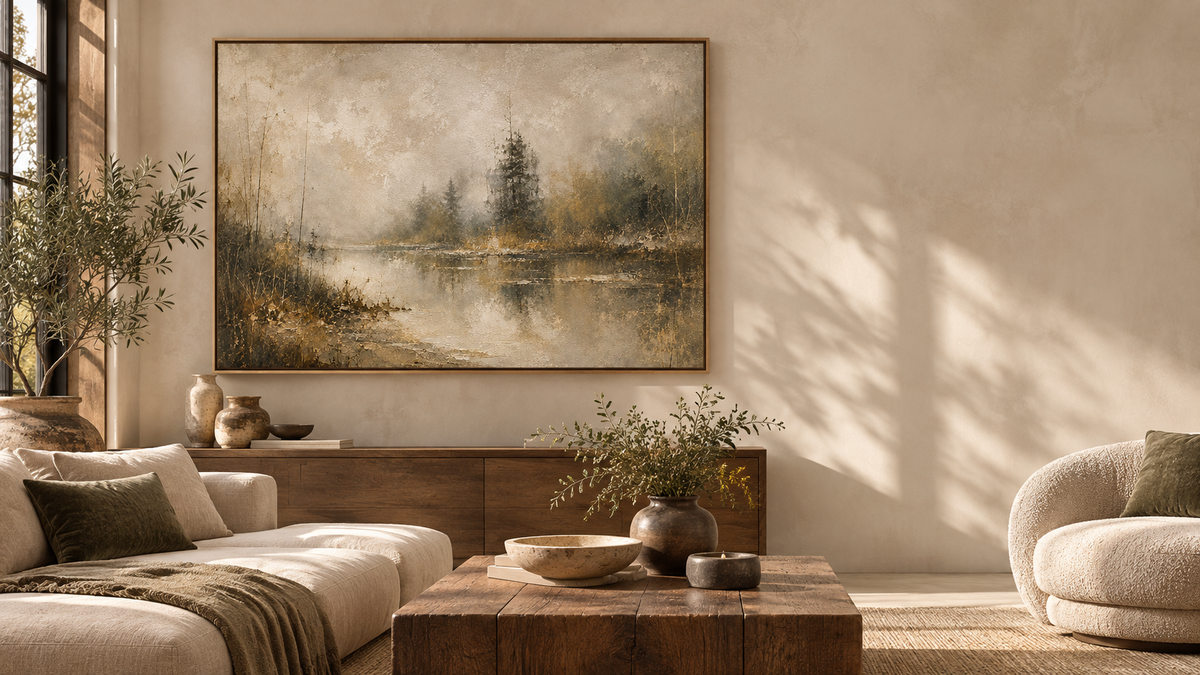 Forest pond landscape in a floating frame above an oak console in a living room