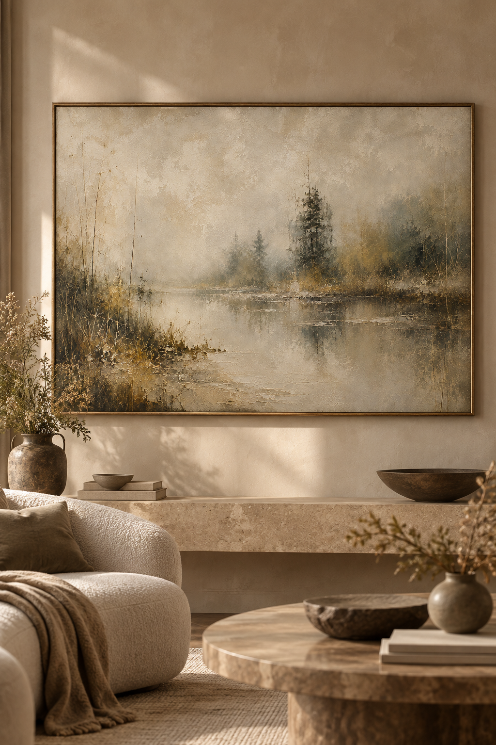 Forest pond landscape in a floating frame above a stone console