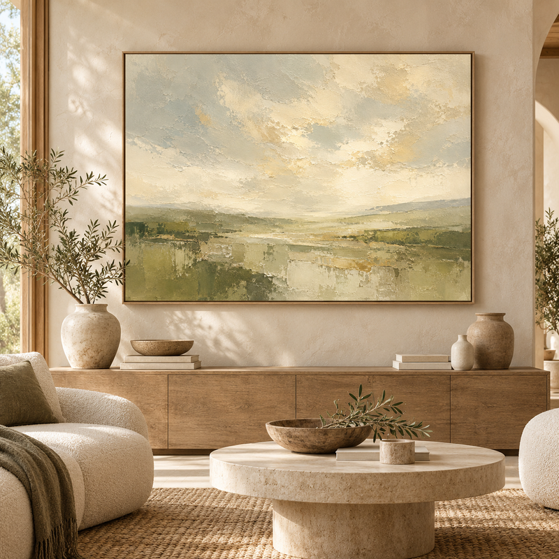Green meadow landscape in a floating frame above a low oak console