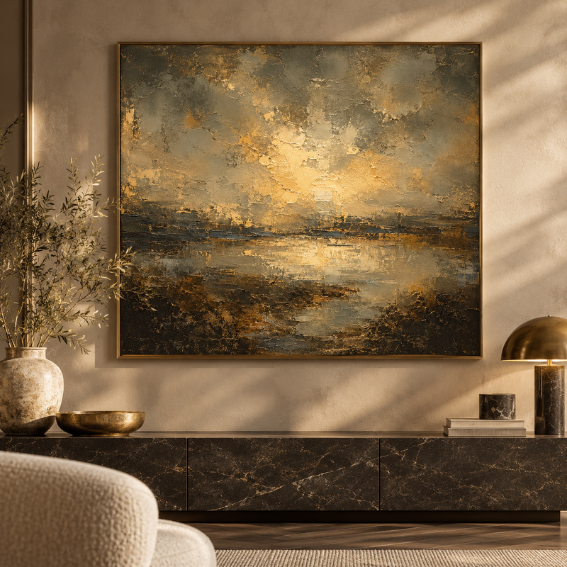 Golden lake sunset canvas in a floating frame above a dark stone console
