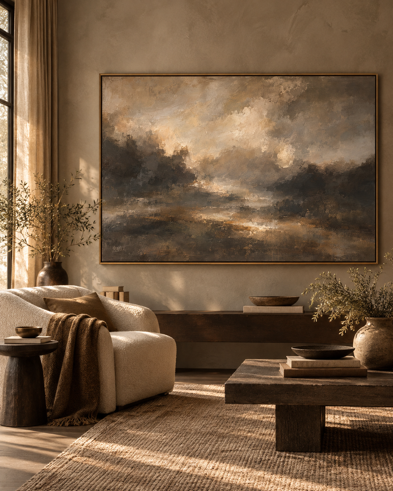 Moody sky landscape canvas in a floating frame in a warm living room