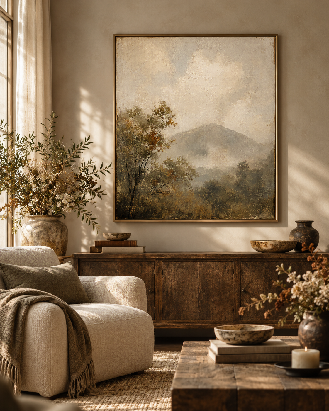 Misty mountain landscape in a floating frame above a walnut sideboard