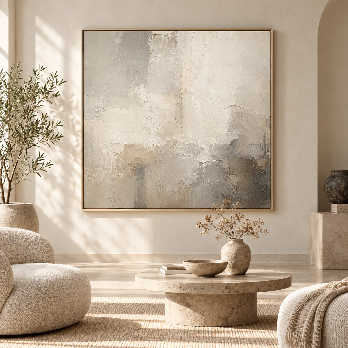 Soft neutral abstract canvas in a floating frame in a calm living room