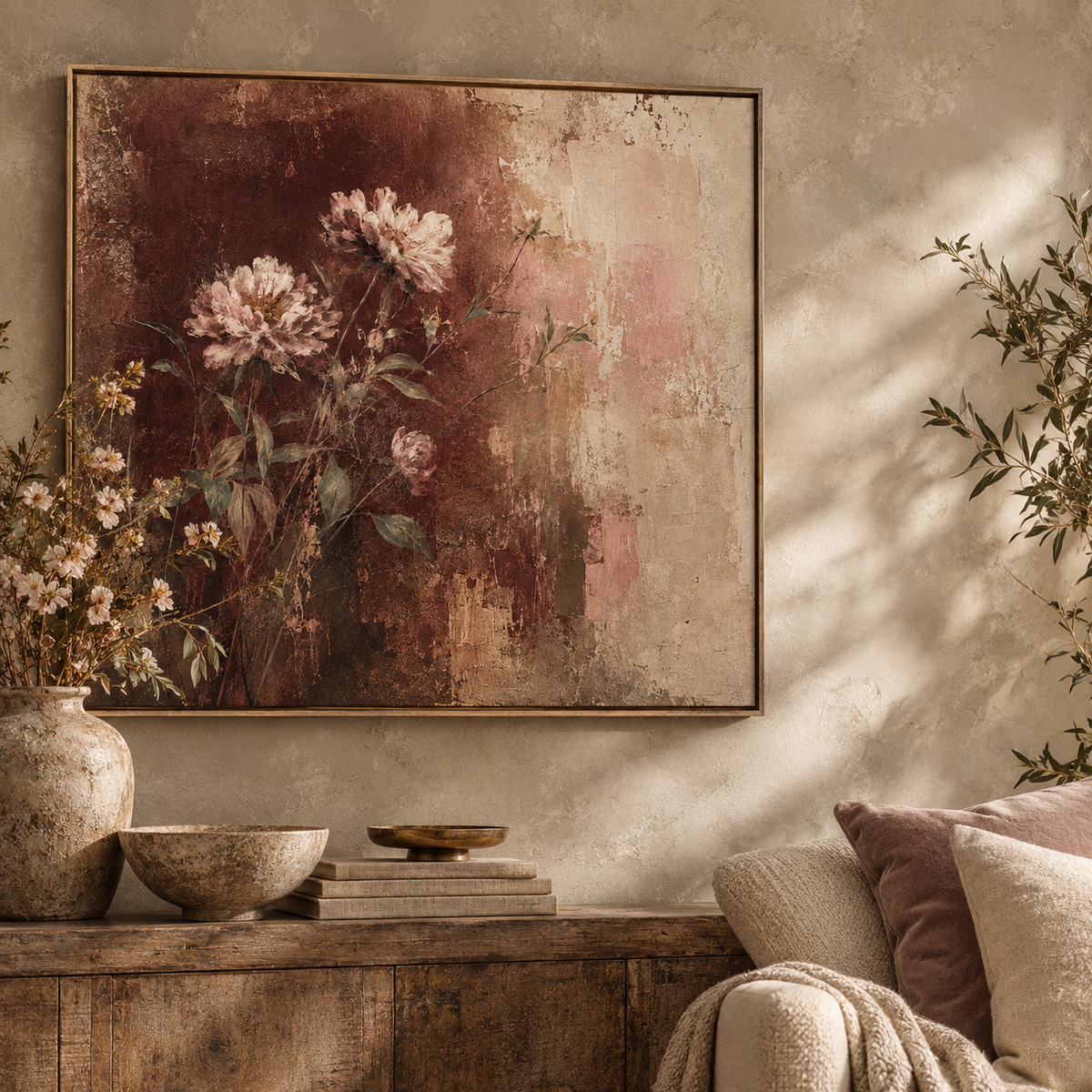Burgundy and blush peony canvas in a floating frame above a wooden sideboard