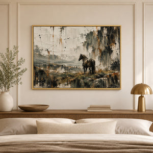 Horse in Misty Willow Landscape Wall Art styled in a living space