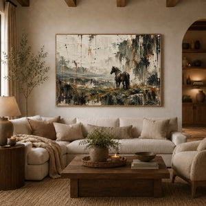 Horse in Misty Willow Landscape Wall Art styled in a living space