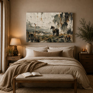 Horse in Misty Willow Landscape Wall Art styled in a living space