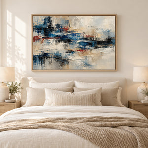 Indigo and Red Abstract Reflection Wall Art styled in a living space