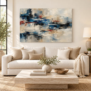 Indigo and Red Abstract Reflection Wall Art styled in a living space