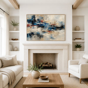 Indigo and Red Abstract Reflection Wall Art styled in a living space