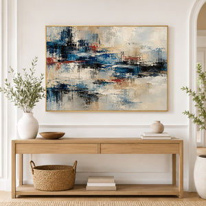 Indigo and Red Abstract Reflection Wall Art styled in a living space