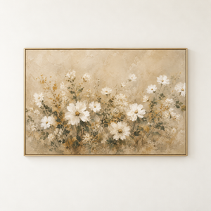 Ivory Cosmos Wildflower Art Print, Framed Canvas Wall Art, Neutral Floral Oil Painting Print, Farmhouse Living Room Decor, Large Wall Art
