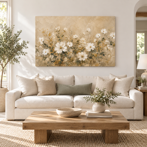 Ivory Cosmos Wildflower Art Print styled in a living space