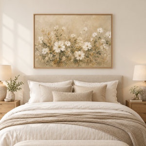 Ivory Cosmos Wildflower Art Print styled in a living space