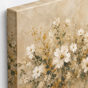 Close up of Ivory Cosmos Wildflower Art Print canvas texture and frame edge