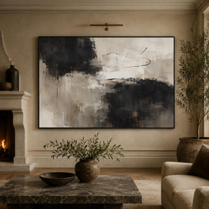 Large Framed Black and Ivory Abstract Wall Art, Modern Neutral Canvas Print, Oversized Contemporary Painting, Framed Living Room Wall Art