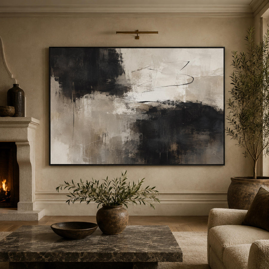 Large Framed Black and Ivory Abstract Wall Art