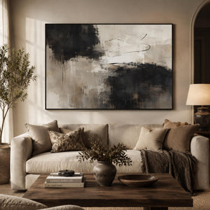 Large Framed Black and Ivory Abstract Wall Art