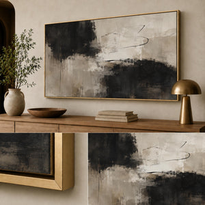 Large Framed Black and Ivory Abstract Wall Art