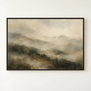 Layered Misty Mountain Ridges Art Print in a floating frame