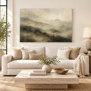 Layered Misty Mountain Ridges Art Print styled in a living space