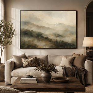 Layered Misty Mountain Ridges Art Print styled in a living space