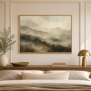 Layered Misty Mountain Ridges Art Print styled in a living space
