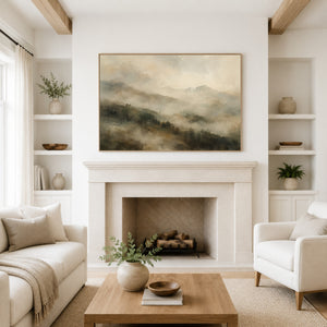 Layered Misty Mountain Ridges Art Print styled in a living space