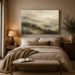 Layered Misty Mountain Ridges Art Print styled in a living space