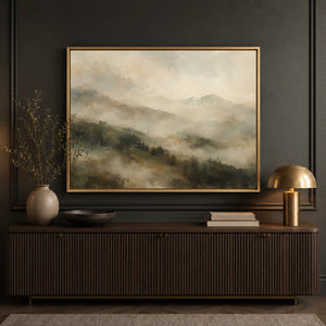 Layered Misty Mountain Ridges Art Print styled in a living space