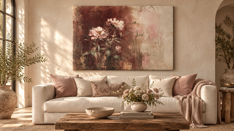 Burgundy peony canvas in a floating frame above a cream sofa with blush pillows