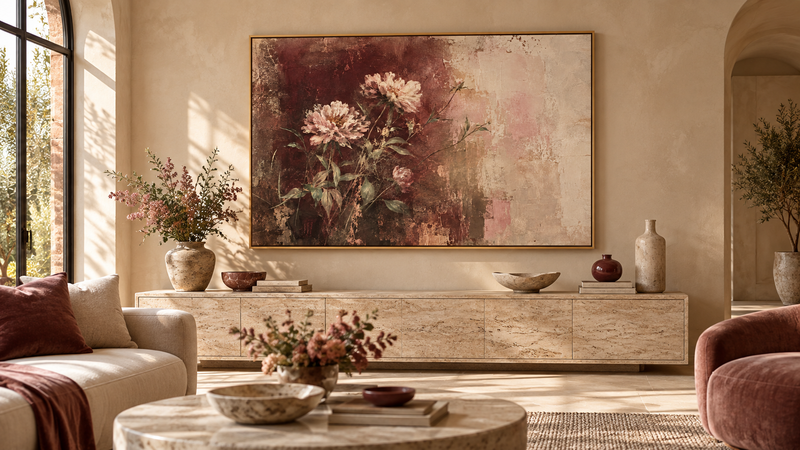Burgundy peony canvas above a travertine console in a warm living room