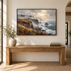 Misty Coastal Cliffs Seascape Art Print styled in a living space
