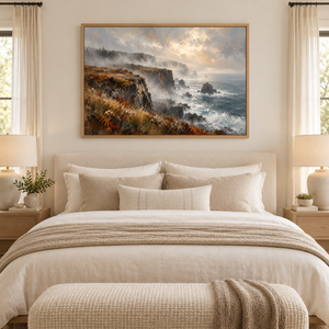 Misty Coastal Cliffs Seascape Art Print styled in a living space