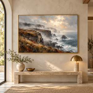 Misty Coastal Cliffs Seascape Art Print styled in a living space