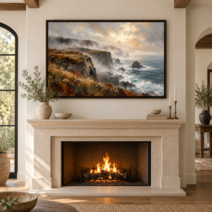 Misty Coastal Cliffs Seascape Art Print styled in a living space