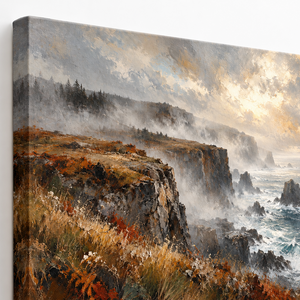 Close up of Misty Coastal Cliffs Seascape Art Print canvas texture and frame edge