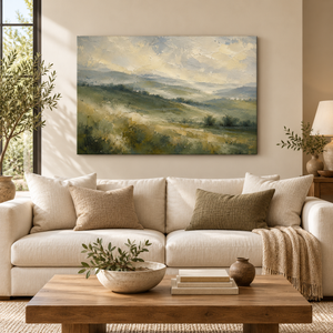 Misty Green Hills Landscape Art Print in a styled room