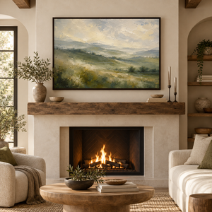 Misty Green Hills Landscape Art Print in a styled room