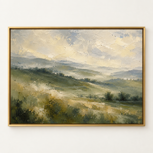 Misty Green Hills Landscape Art Print in a styled room