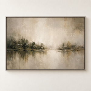 Misty Lake Reflection Wall Art in a styled room